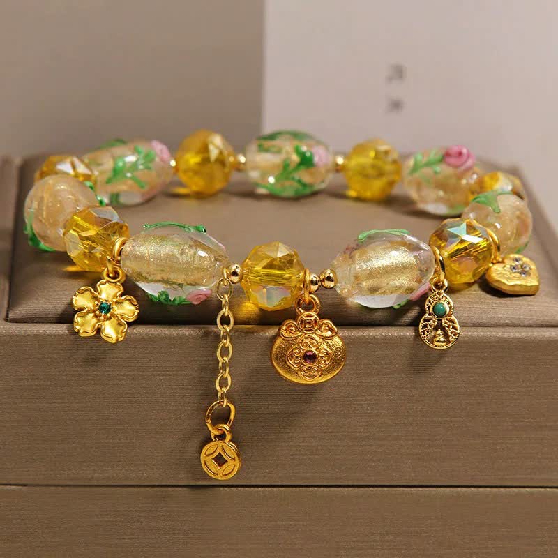 Buddha Stones Yellow Liuli Faceted Money Bag Copper Coin Gourd Abundance Charm Chinese Style Bracelet - Liuli(Wrist Circumference: 5.91-6.29  in / 15-16cm) - image 0