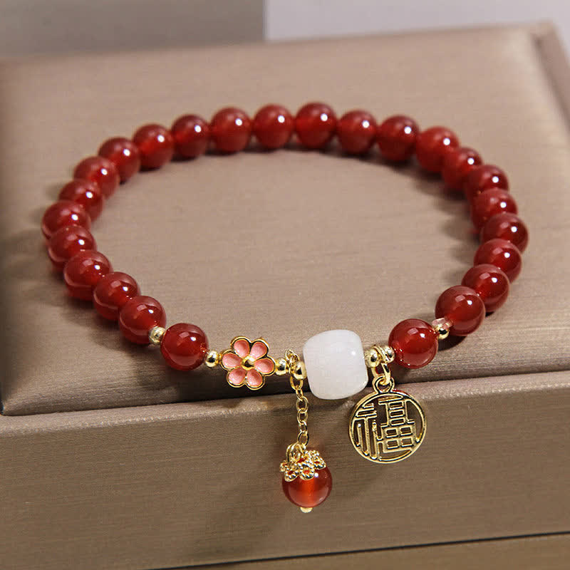 Buddha Stones Red Agate Fu Character Flower Confidence Luck Bracelet - image 4