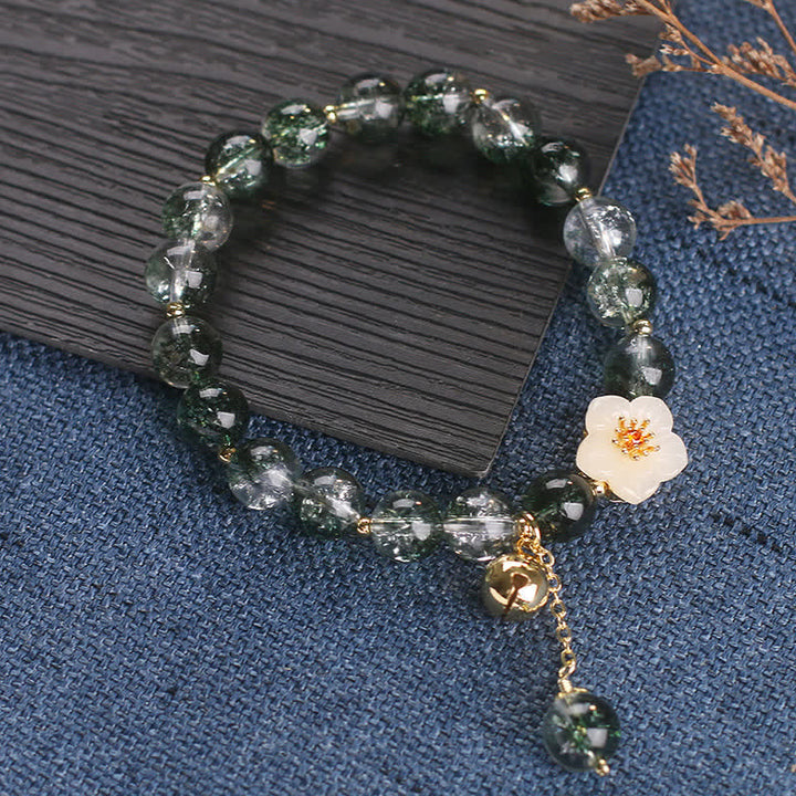 Buddha Stones Green Phantom White Jade Flower Charm Wealth Bracelet - image 9
