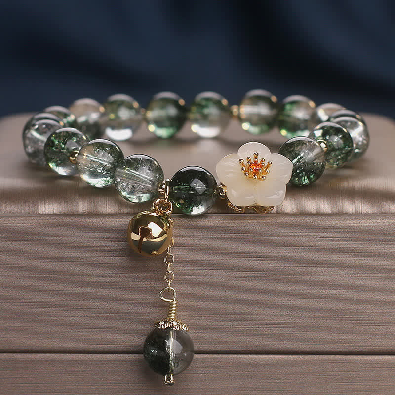 Buddha Stones Green Phantom White Jade Flower Charm Wealth Bracelet - Green Phantom(Growth ♥ Wealth) - 5.9–6.3 in (15–16 cm) - image 0