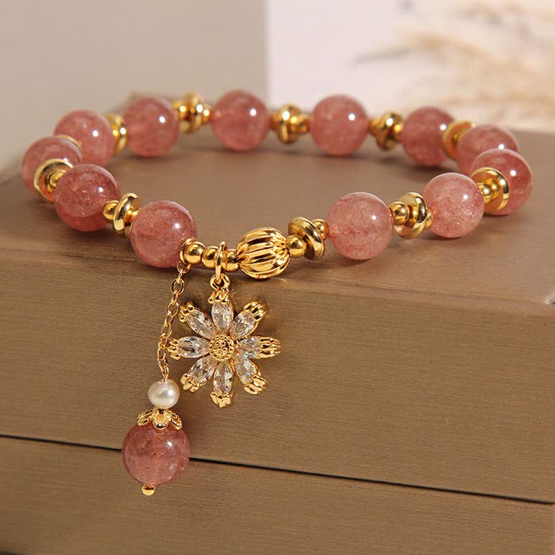 Buddha Stones Strawberry Quartz Pearl Daisy Love Bracelet - image 1