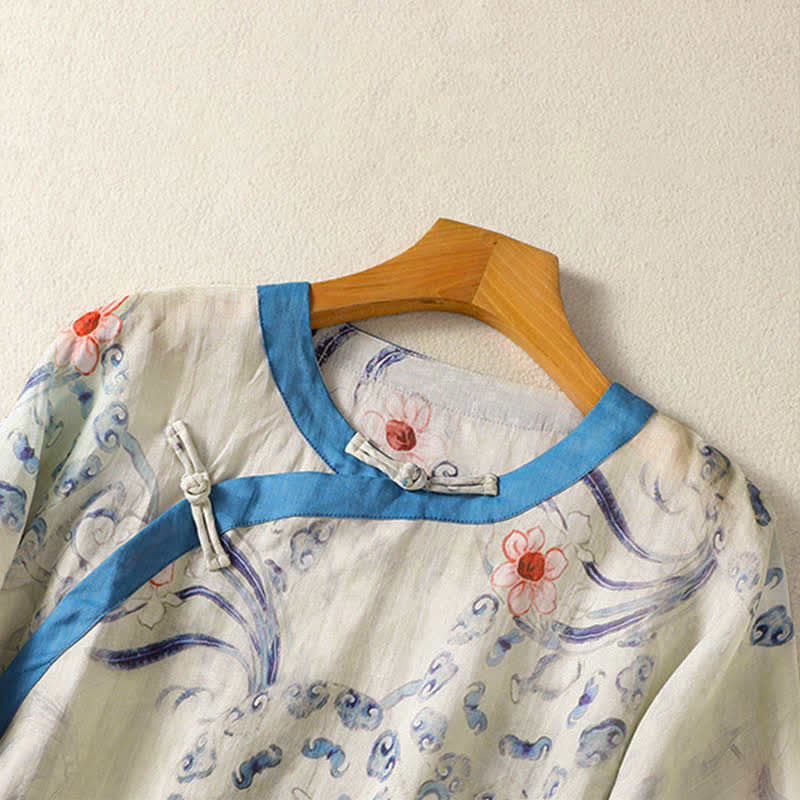 Buddha Stones Summer Tang Style Vintage Frog Button Abstract Women's Long Sleeve Shirts - image 3