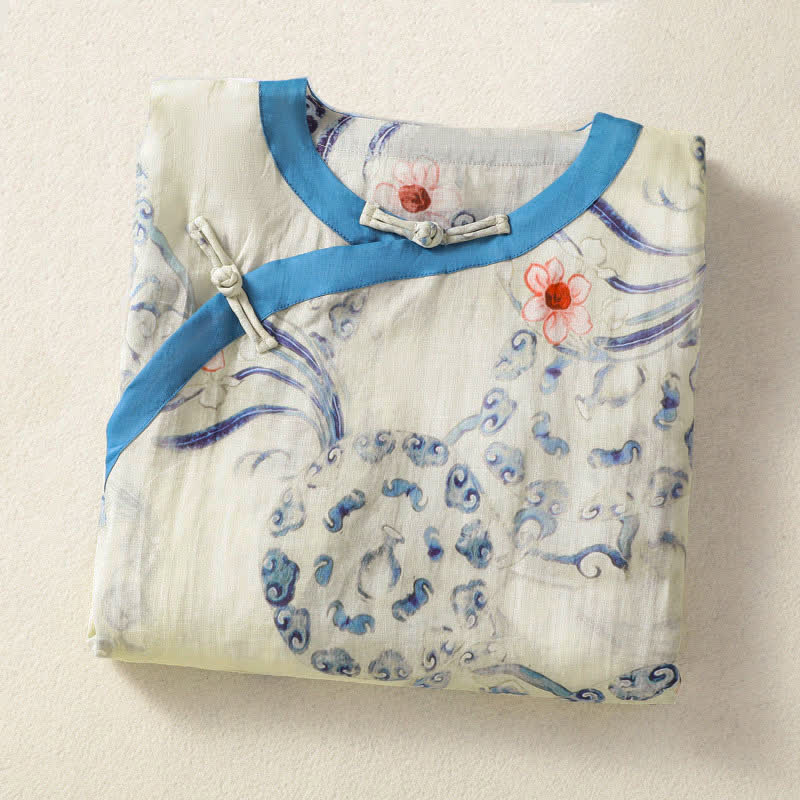 Buddha Stones Summer Tang Style Vintage Frog Button Abstract Women's Long Sleeve Shirts - image 2