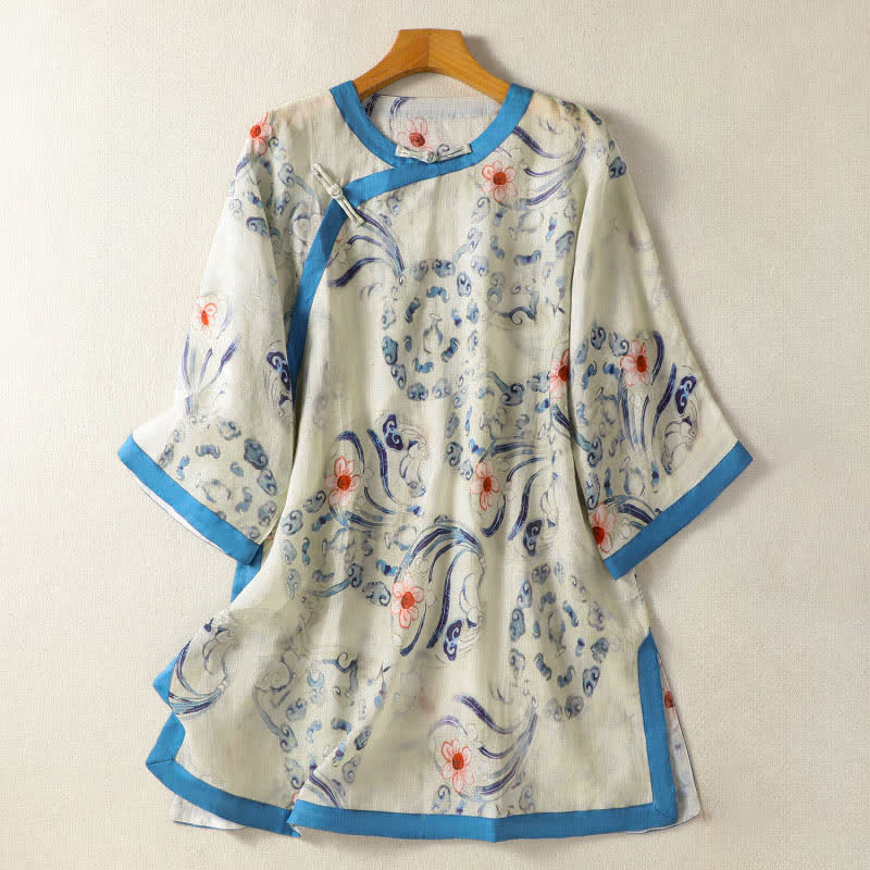 Buddha Stones Summer Tang Style Vintage Frog Button Abstract Women's Long Sleeve Shirts - FloralWhite - US12, UK/AU16, EU44 (2XL) - image 0