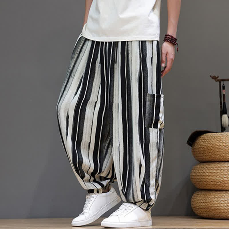 Buddha Stones Summer Casual Boho Patch Pocket Striped Cropped Pants Men's Harem Pants With Pocket - image 2