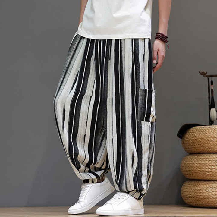 Buddha Stones Summer Casual Boho Patch Pocket Striped Cropped Pants Men's Harem Pants With Pocket - image 2