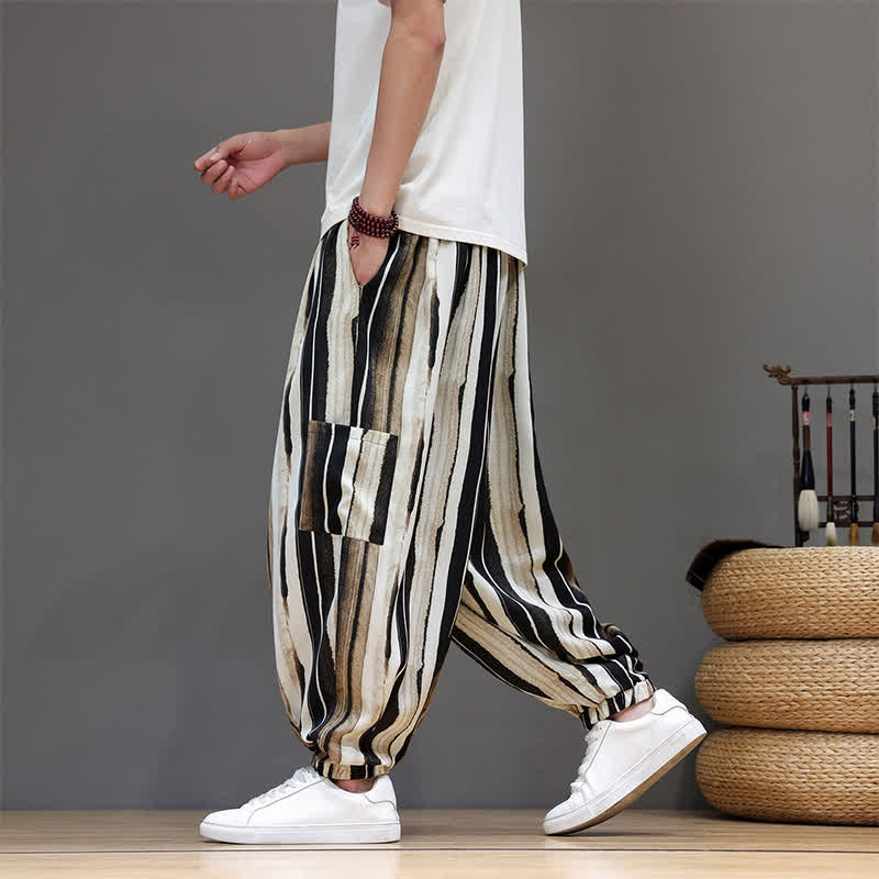 Buddha Stones Summer Casual Boho Patch Pocket Striped Cropped Pants Men's Harem Pants With Pocket - image 13