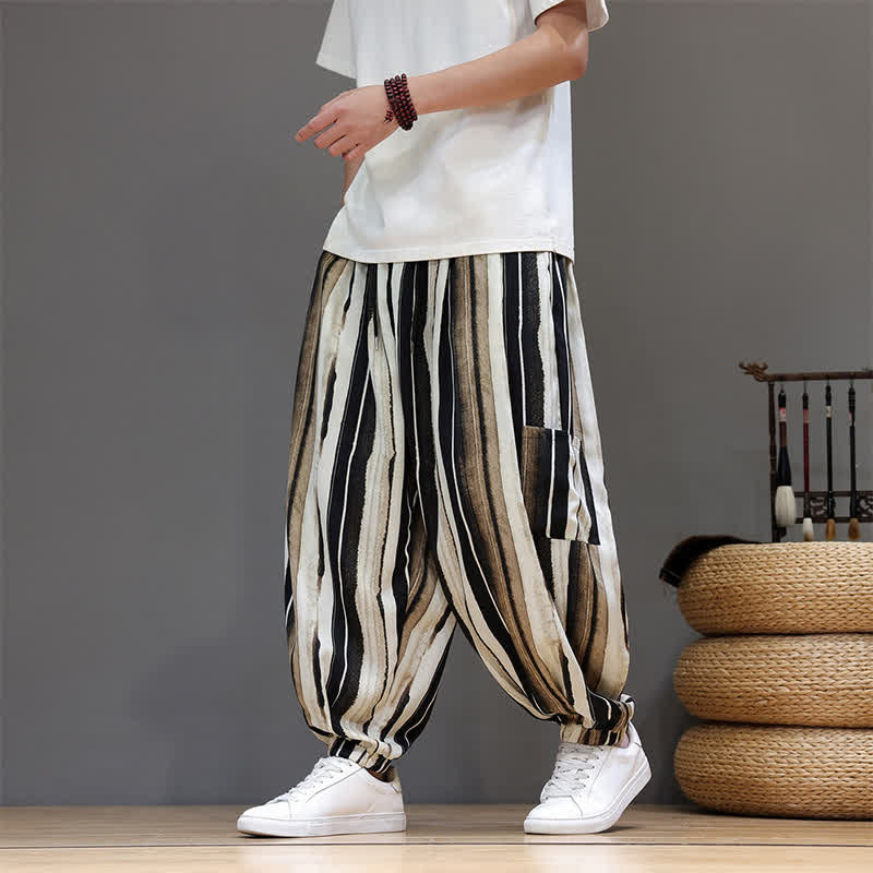 Buddha Stones Summer Casual Boho Patch Pocket Striped Cropped Pants Men's Harem Pants With Pocket - image 12