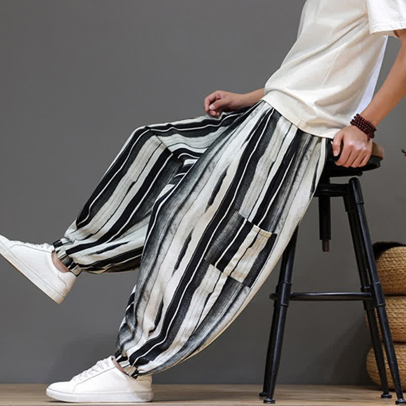 Buddha Stones Summer Casual Boho Patch Pocket Striped Cropped Pants Men's Harem Pants With Pocket - image 5
