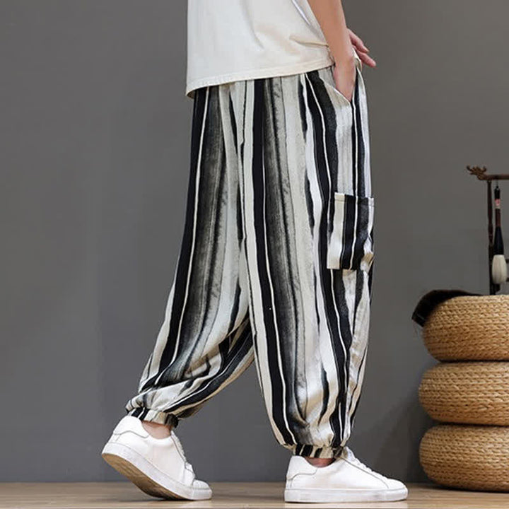 Buddha Stones Summer Casual Boho Patch Pocket Striped Cropped Pants Men's Harem Pants With Pocket - image 8