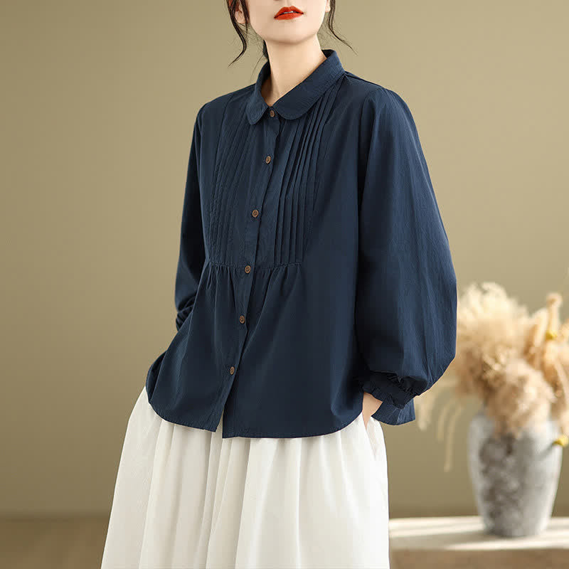 Buddha Stones Summer Casual Vintage Button-Up Solid Women's Long Sleeve Shirts - MidnightBlue - US12, UK/AU16, EU44 (2XL) - image 0