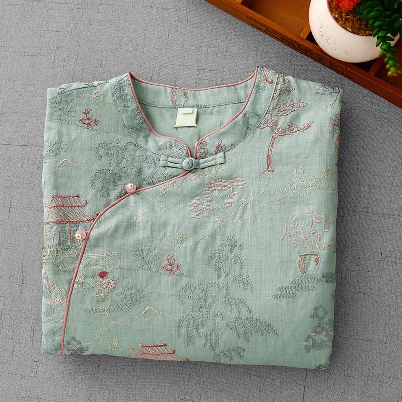 Buddha Stones Summer Tang Style Vintage Mandarin Collar Embroidery Abstract Women's Short Sleeve Shirts - image 2