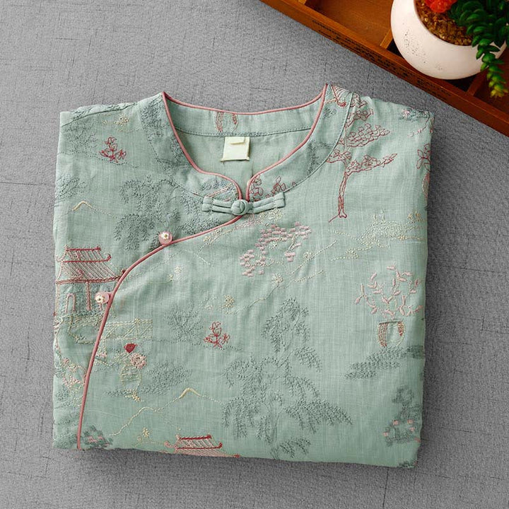Buddha Stones Summer Tang Style Vintage Mandarin Collar Embroidery Abstract Women's Short Sleeve Shirts - image 2