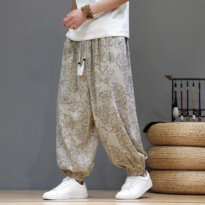Buddha Stones Summer Casual Vintage Drawstring Floral Ankle Pants Men's Harem Pants With Pocket - White - US/UK/AU46, EU56 (5XL) - image 0