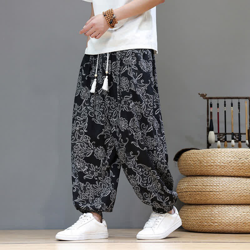 Buddha Stones Summer Casual Vintage Drawstring Floral Ankle Pants Men's Harem Pants With Pocket - Black - US/UK/AU46, EU56 (5XL) - image 18