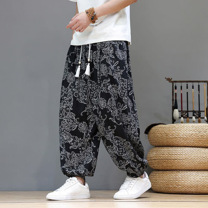 Buddha Stones Summer Casual Vintage Drawstring Floral Ankle Pants Men's Harem Pants With Pocket - Black - US/UK/AU46, EU56 (5XL) - image 18