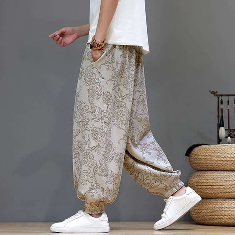 Buddha Stones Summer Casual Vintage Drawstring Floral Ankle Pants Men's Harem Pants With Pocket - image 7