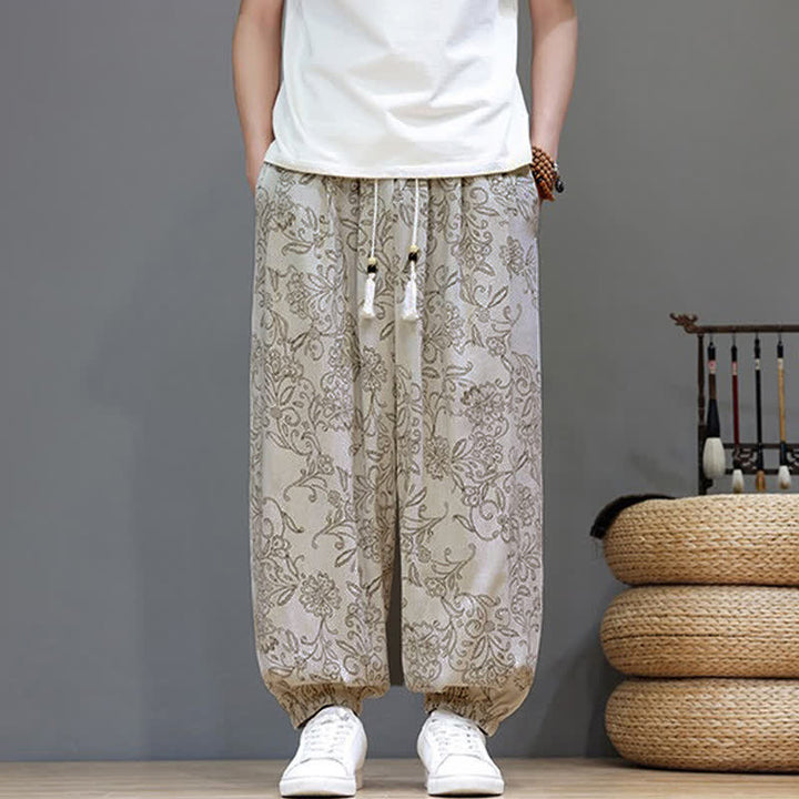 Buddha Stones Summer Casual Vintage Drawstring Floral Ankle Pants Men's Harem Pants With Pocket - image 1