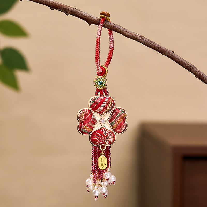 Buddha Stones Song Brocade Four Leaf Clover Fu Character Lucky Fortune Wealth Tassel Keychains - Red - image 10