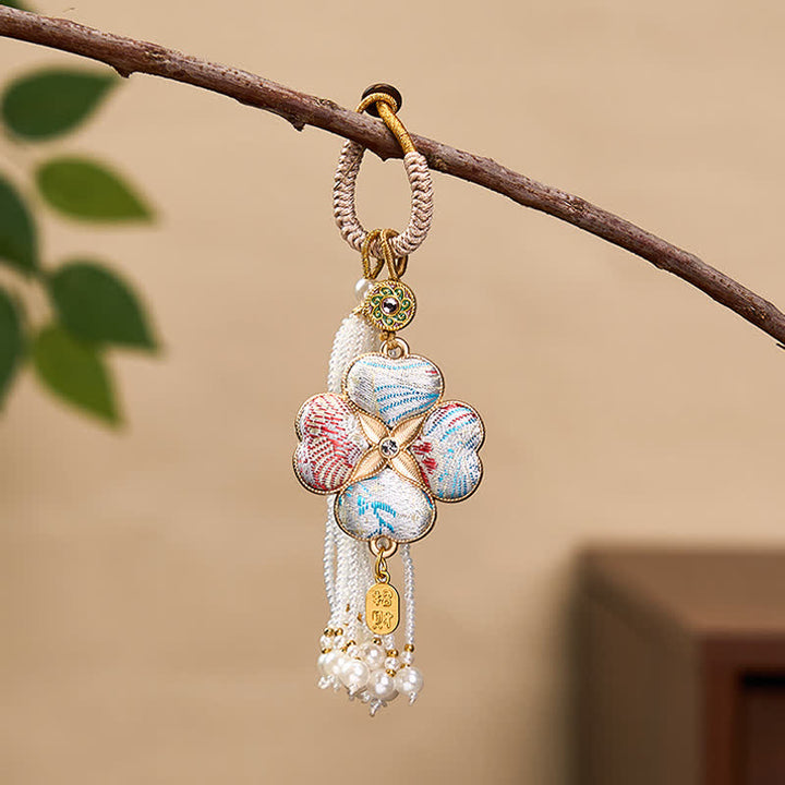 Buddha Stones Song Brocade Four Leaf Clover Fu Character Lucky Fortune Wealth Tassel Keychains - White - image 14