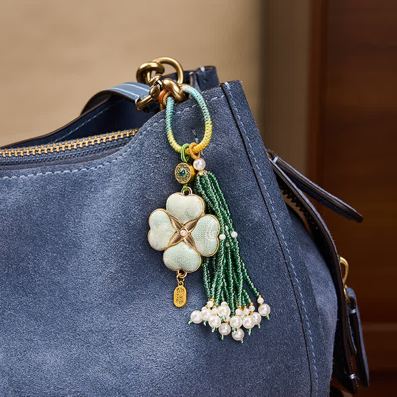 Buddha Stones Song Brocade Four Leaf Clover Fu Character Lucky Fortune Wealth Tassel Keychains - image 3