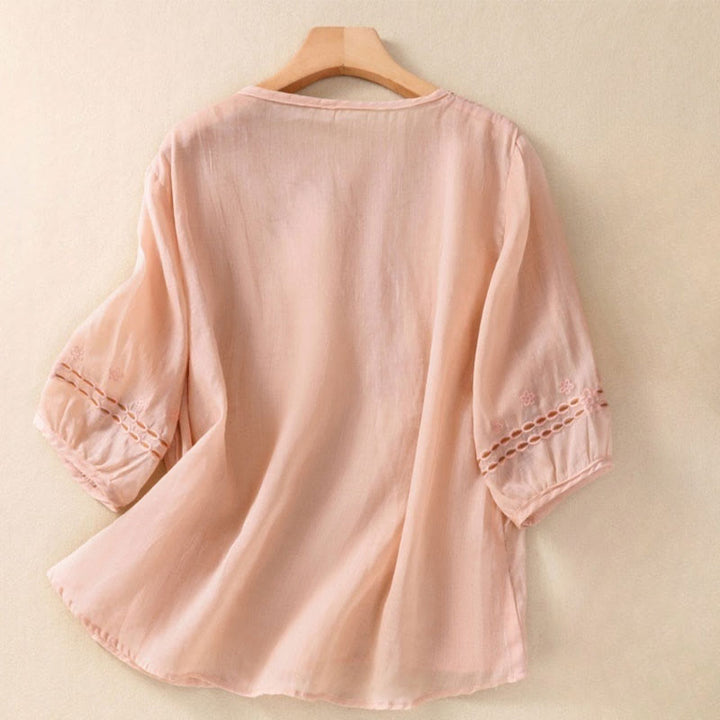 Buddha Stones Artistic Plain Floral Embroidered Design Crew Neck Puff Half Sleeve Women's T-Shirt - MistyRose - US8-10，UK/AU12-14，EU40-42 (2XL) - image 5