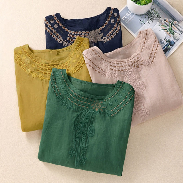 Buddha Stones Artistic Plain Floral Embroidered Design Crew Neck Puff Half Sleeve Women's T-Shirt - image 26