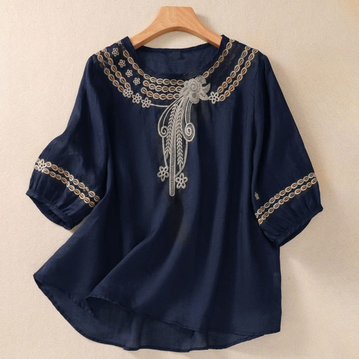 Buddha Stones Artistic Plain Floral Embroidered Design Crew Neck Puff Half Sleeve Women's T-Shirt - DarkSlateBlue - US8-10，UK/AU12-14，EU40-42 (2XL) - image 0
