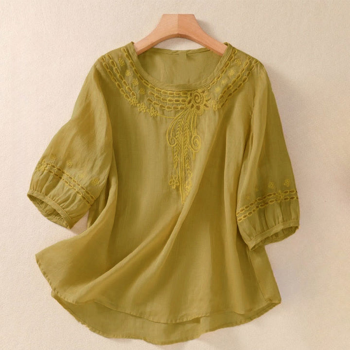Buddha Stones Artistic Plain Floral Embroidered Design Crew Neck Puff Half Sleeve Women's T-Shirt - DarkGoldenrod - US8-10，UK/AU12-14，EU40-42 (2XL) - image 12