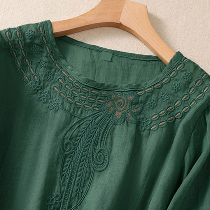 Buddha Stones Artistic Plain Floral Embroidered Design Crew Neck Puff Half Sleeve Women's T-Shirt - image 20