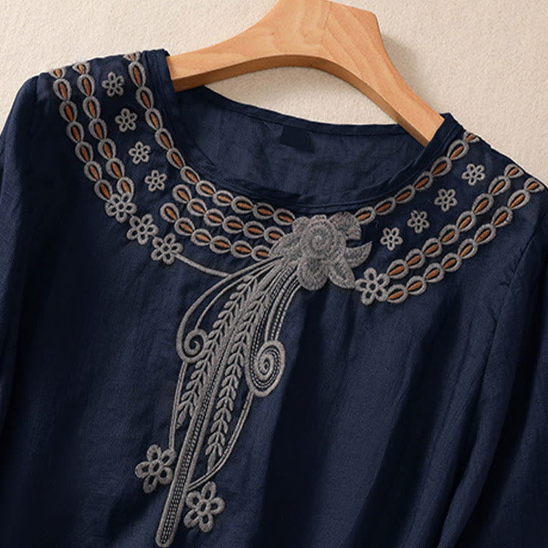 Buddha Stones Artistic Plain Floral Embroidered Design Crew Neck Puff Half Sleeve Women's T-Shirt - image 2