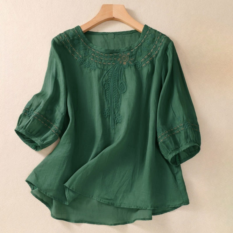 Buddha Stones Artistic Plain Floral Embroidered Design Crew Neck Puff Half Sleeve Women's T-Shirt - DarkGreen - US8-10，UK/AU12-14，EU40-42 (2XL) - image 19