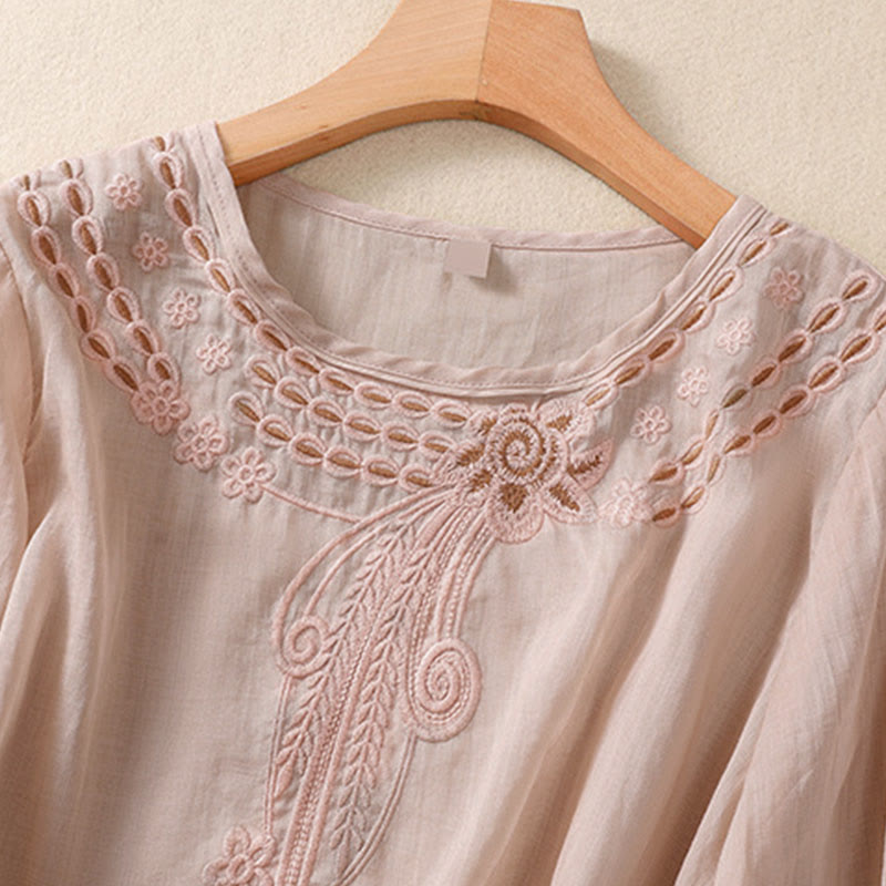 Buddha Stones Artistic Plain Floral Embroidered Design Crew Neck Puff Half Sleeve Women's T-Shirt - image 6