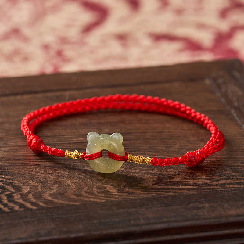 Buddha Stones Jade Tiger-head Peace Buckle Red String Prosperity Bracelet - Natural Jade(Color May Vary) - image 0