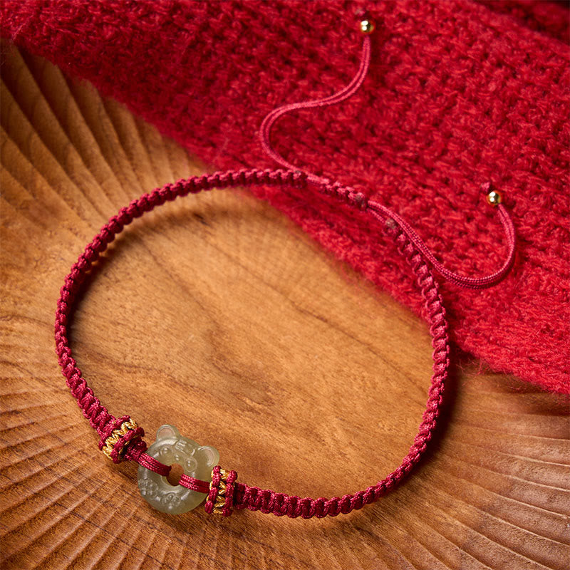 Buddha Stones Jade Tiger Head Design Peace Buckle Grounding Red String Braided Bracelet - image 1