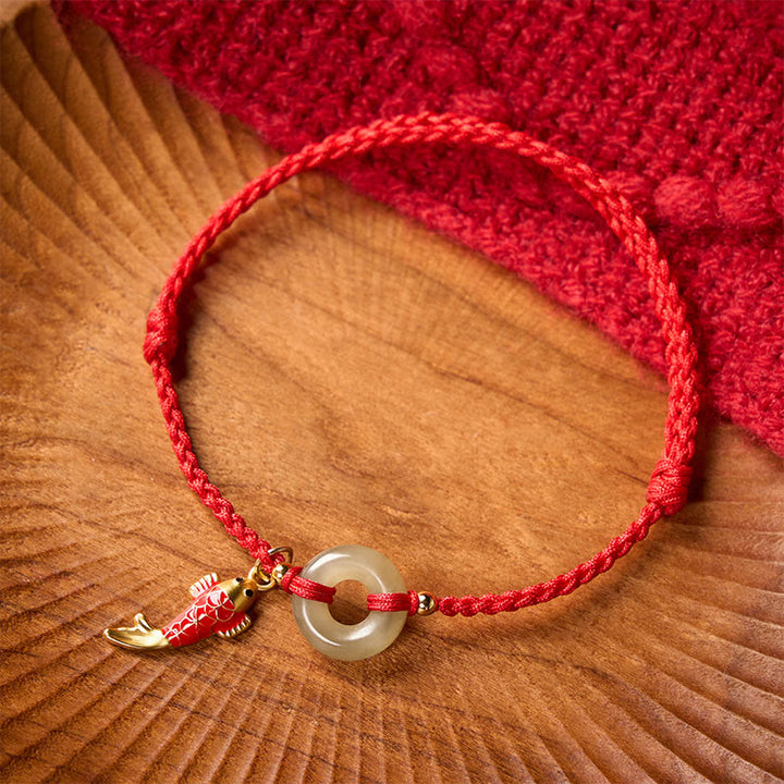 Buddha Stones Koi Fish Charm Peace Buckle Jade Red String Protection Bracelet - Natural Jade(Color May Vary) - 16-18cm - image 0