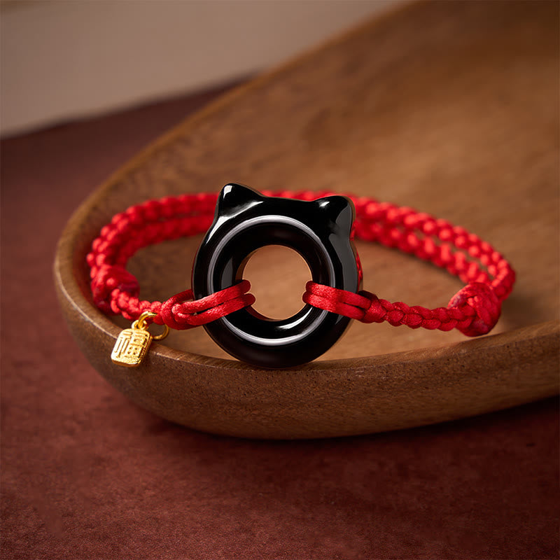 Buddha Stones Black Obsidian Cat Design Peace Buckle Fu Character Red String Protection Braided Bracelet - image 2