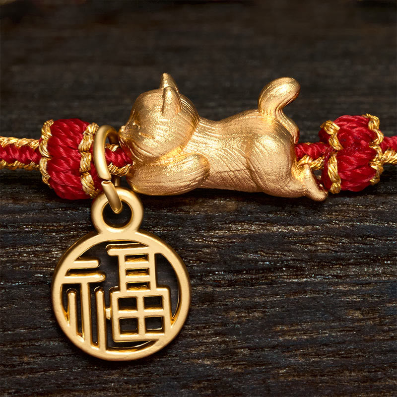 Buddha Stones Lying-Down Cat Fu Character Copper Red String Hand-Woven Prosperity Bracelet - image 5