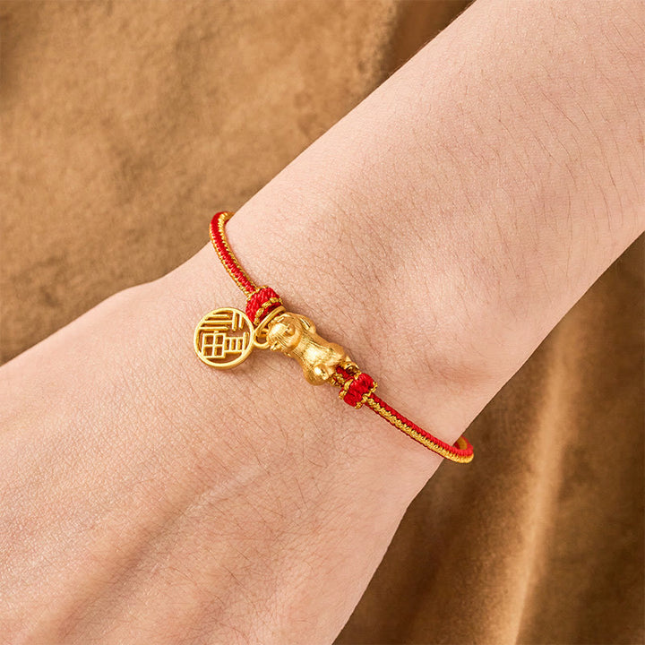 Buddha Stones Lying-Down Cat Fu Character Copper Red String Hand-Woven Prosperity Bracelet - image 4