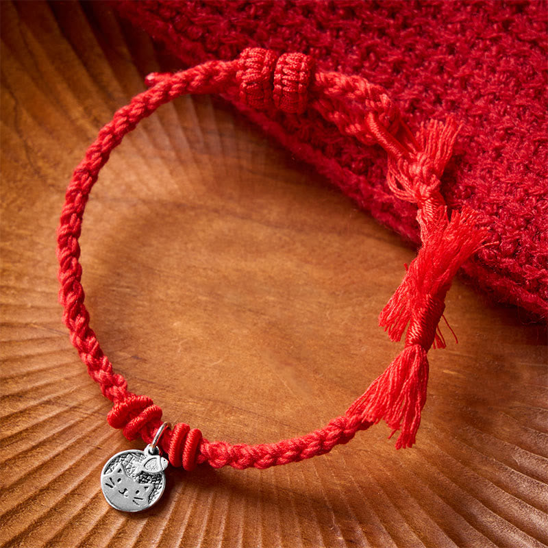 Buddha Stones 925 Sterling Silver Cute Cat Fish Protection Tibet Red String Adjustable Bracelet - image 11