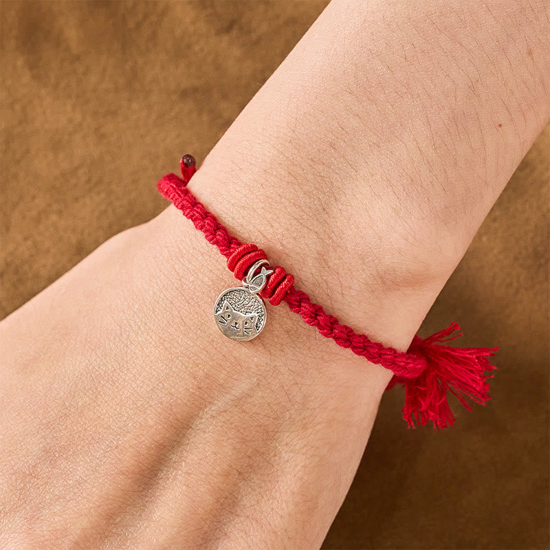 Buddha Stones 925 Sterling Silver Cute Cat Fish Protection Tibet Red String Adjustable Bracelet - image 4