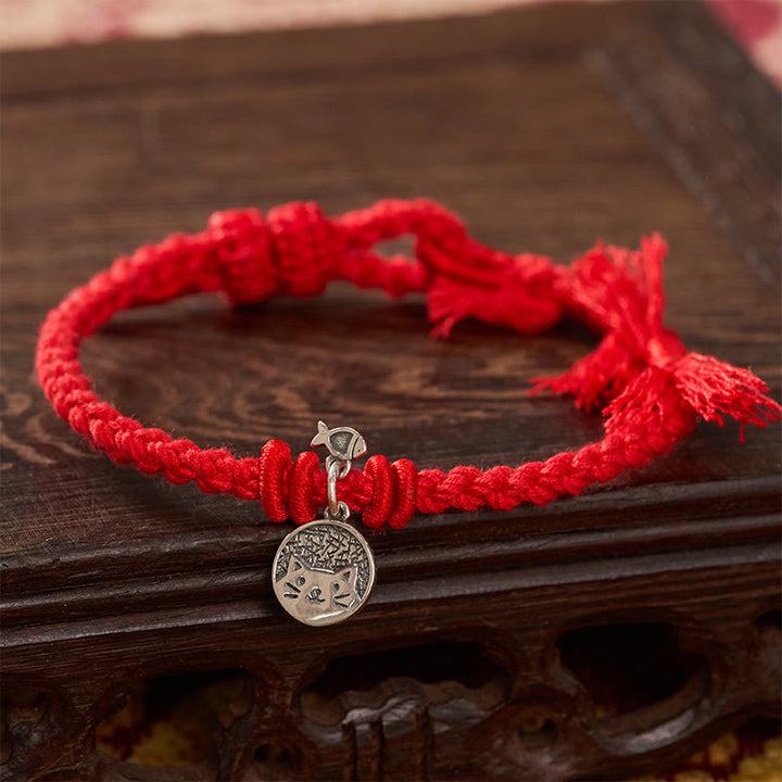 Buddha Stones 925 Sterling Silver Cute Cat Fish Protection Tibet Red String Adjustable Bracelet - image 10