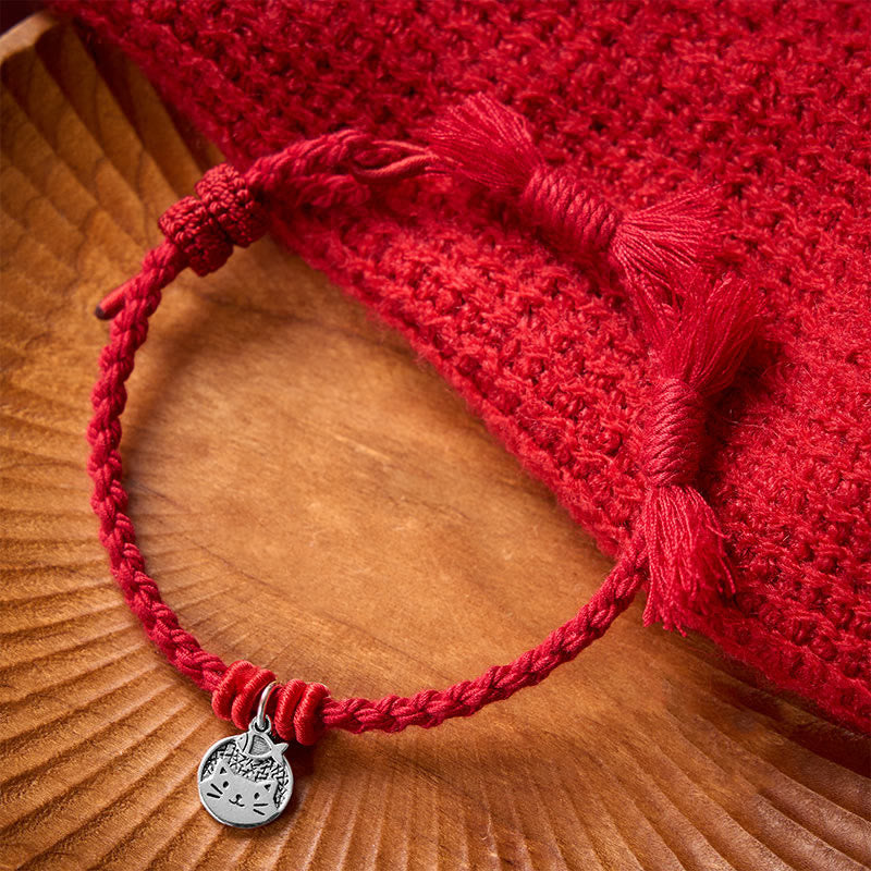 Buddha Stones 925 Sterling Silver Cute Cat Fish Protection Tibet Red String Adjustable Bracelet - image 2