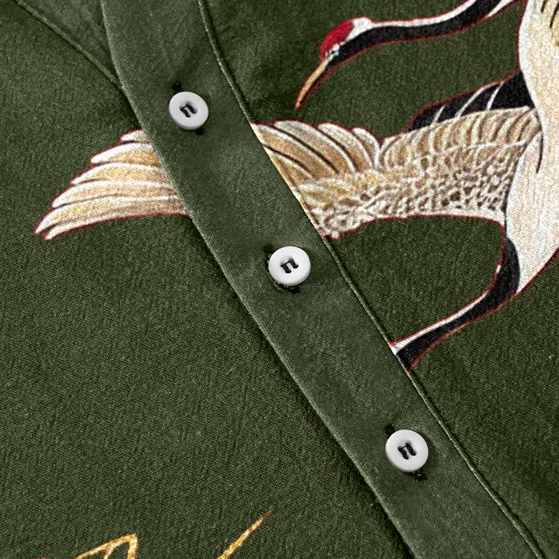 Buddha Stones Cotton Crane Golden Lotus Pattern Men's Short Sleeve Half Button Shirt - image 8