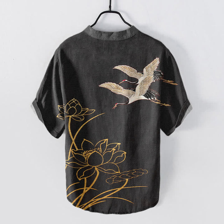 Buddha Stones Cotton Crane Golden Lotus Pattern Men's Short Sleeve Half Button Shirt - image 11
