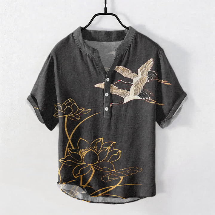 Buddha Stones Cotton Crane Golden Lotus Pattern Men's Short Sleeve Half Button Shirt - Black - US/UK/AU50，EU60 (5XL) - image 10