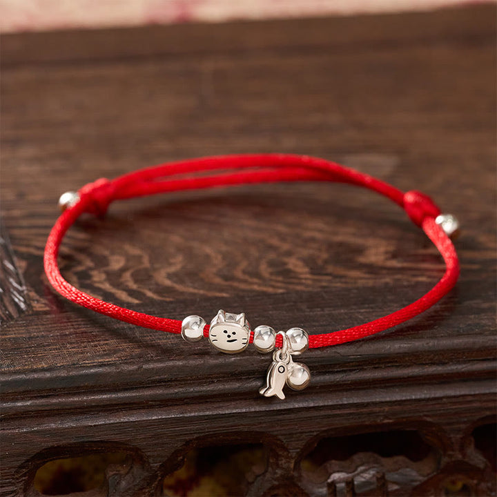 Buddha Stones 925 Sterling Silver Cute Cat Fish Red String Blessing Bracelet - image 1