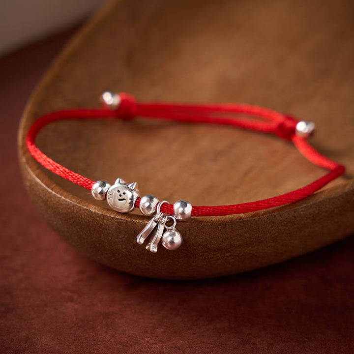 Buddha Stones 925 Sterling Silver Cute Cat Fish Red String Blessing Bracelet - Silver(Calm ♥ Balance) - 14-21cm - image 0