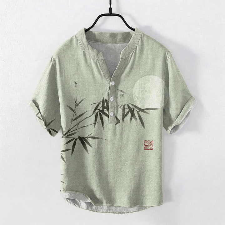 Buddha Stones Cotton Ink Bamboo Moon Pattern Men's Short Sleeve Half Button Shirt - LightGreen - US/UK/AU50，EU60 (5XL) - image 0