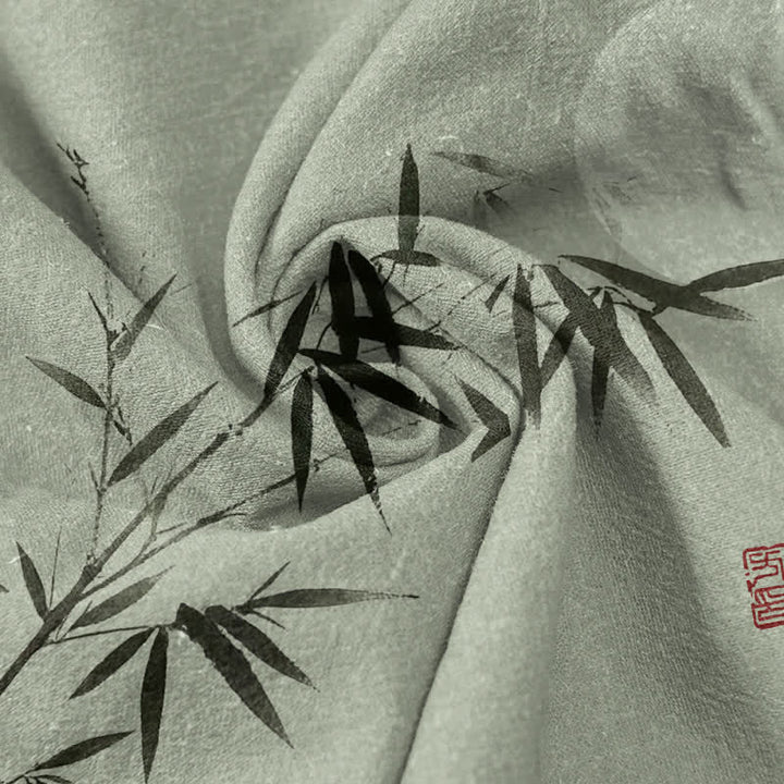 Buddha Stones Cotton Ink Bamboo Moon Pattern Men's Short Sleeve Half Button Shirt - image 2